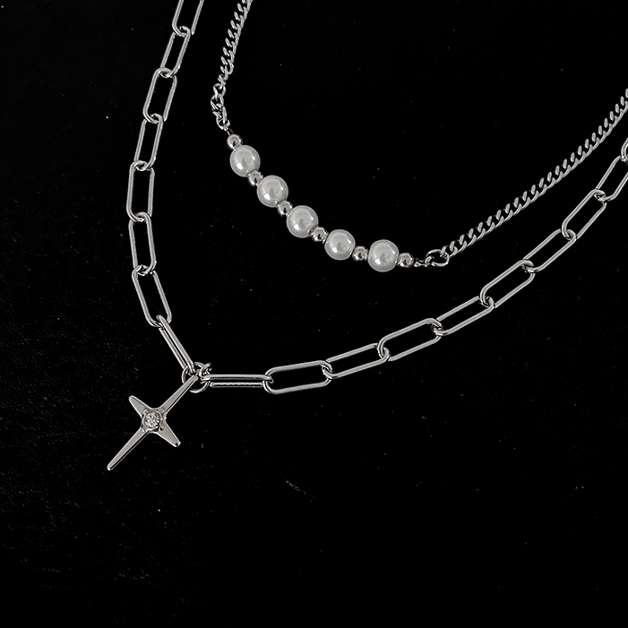 CROSS DOUBLE LAYER PEARL CHAIN NECKLACE