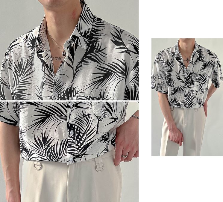 RT No. 4433 FLORAL LEAVES BUTTON-UP SHORT SLEEVE SHIRT