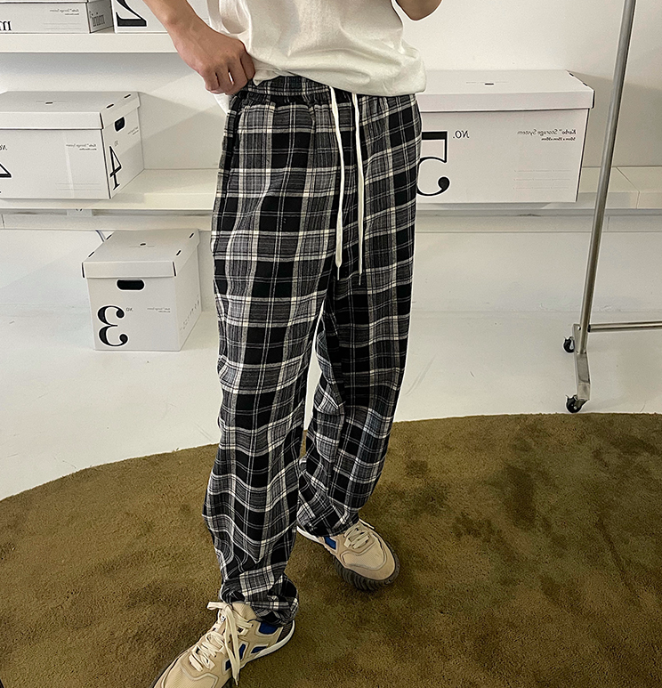 RT No. 2542 DRAWSTRING PLAID WIDE PANTS