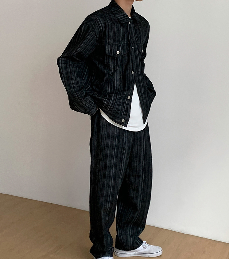 No. 4012 VERTICAL STRIPED BUTTON-UP JK & WIDE PANTS (TOP & BOTTOM)