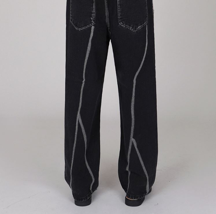 RT No. 4444 PAINTED STRIPE BLACK WIDE STRAIGHT JEANS