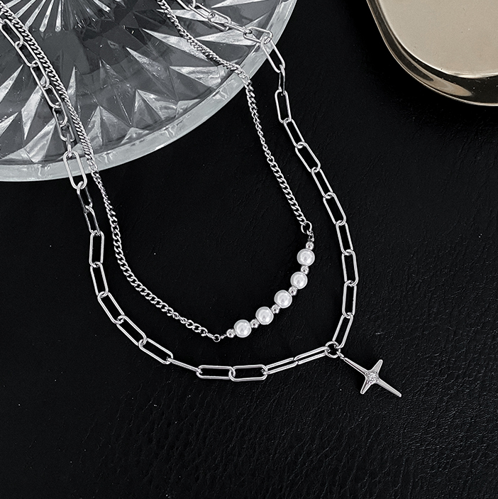 CROSS DOUBLE LAYER PEARL CHAIN NECKLACE