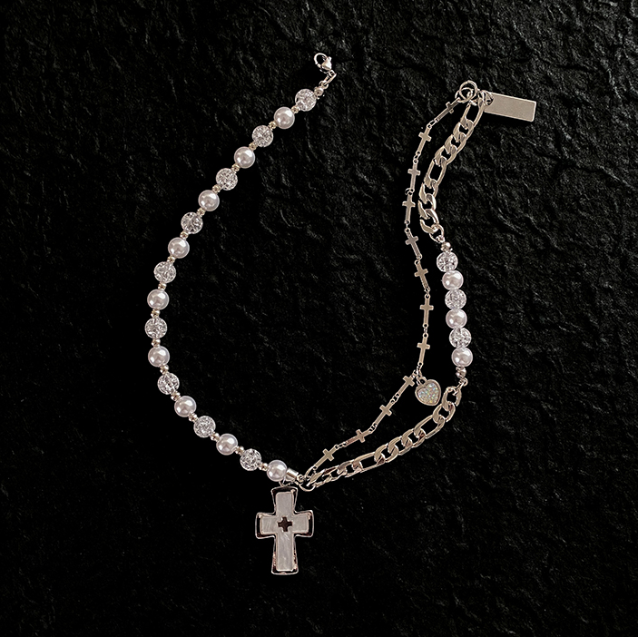 HALF PEARL HALF DOUBLE CHAIN CROSS NECKLACE