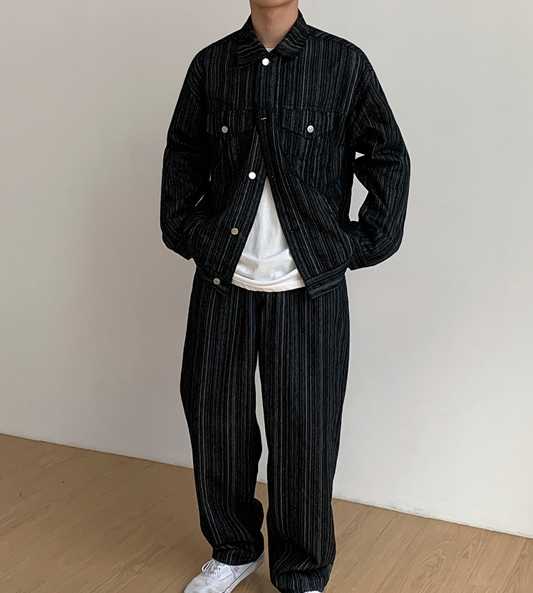 No. 4012 VERTICAL STRIPED BUTTON-UP JK & WIDE PANTS (TOP & BOTTOM)