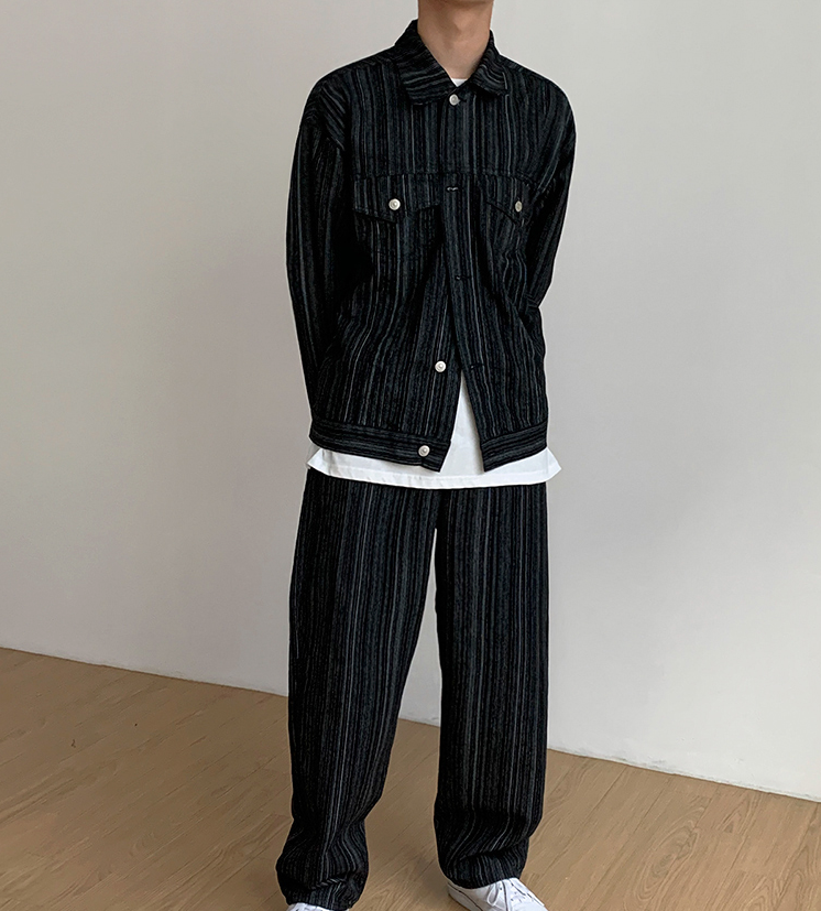 No. 4012 VERTICAL STRIPED BUTTON-UP JK & WIDE PANTS (TOP & BOTTOM)