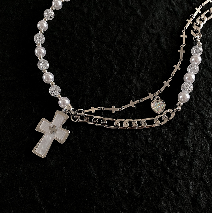 HALF PEARL HALF DOUBLE CHAIN CROSS NECKLACE