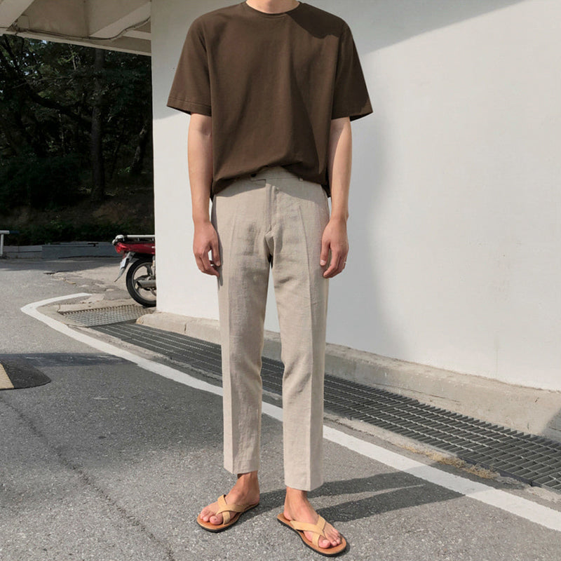 RT No. 4396 KHAKI LINEN STRAIGHT CASUAL PANTS