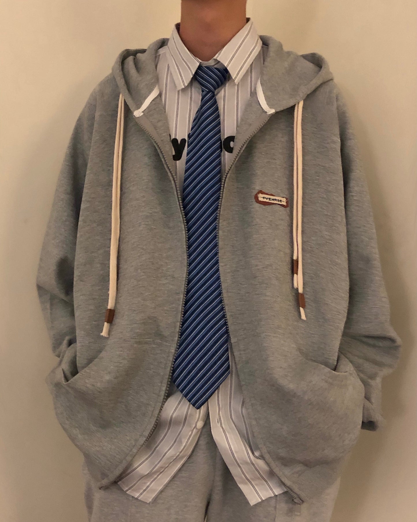 RT No. 5197 GRAY DOUBLE DRAWSTRING ZIP-UP HOODIE