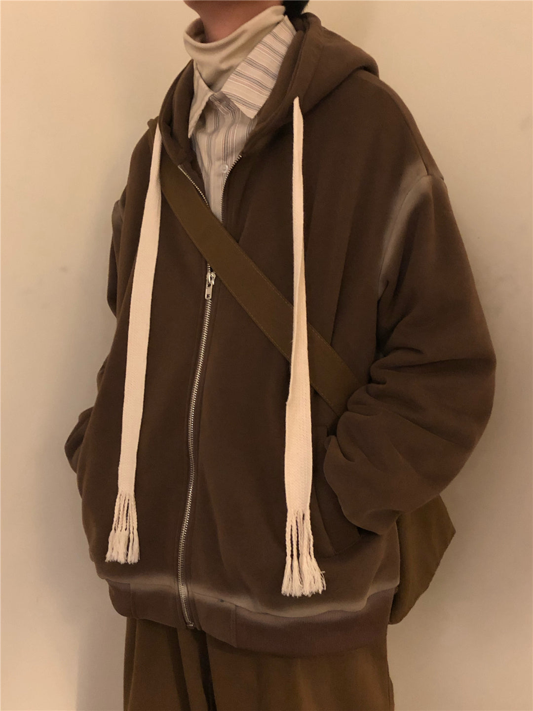 RT No. 3392 BROWN DRAWSTRING ZIP-UP HOODIE