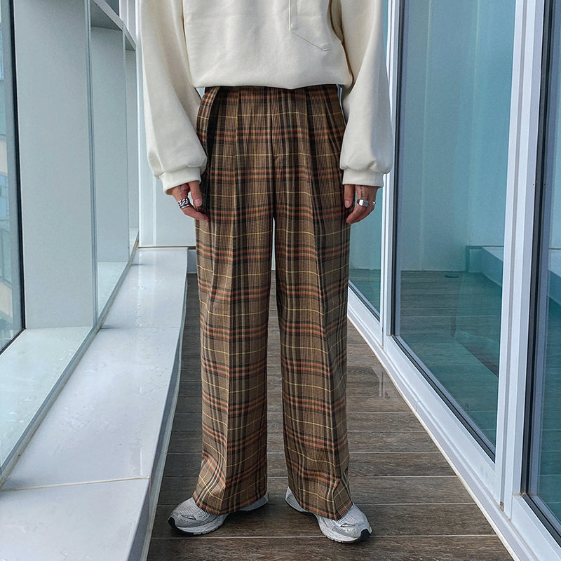 RT No. 4197 BROWN PLAID WIDE STRAIGHT PANTS