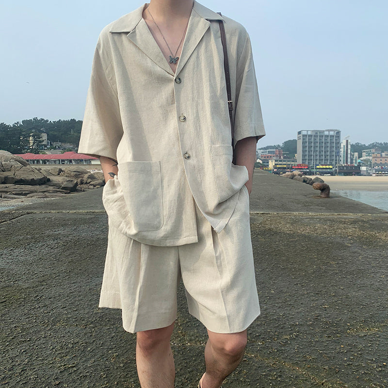 RT No. 1532 LINEN V-NECK SHIRT AND SHORTS SET