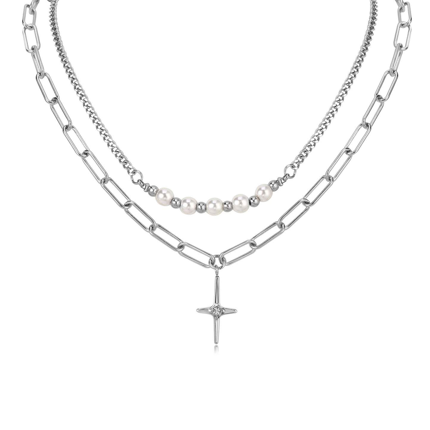 CROSS DOUBLE LAYER PEARL CHAIN NECKLACE