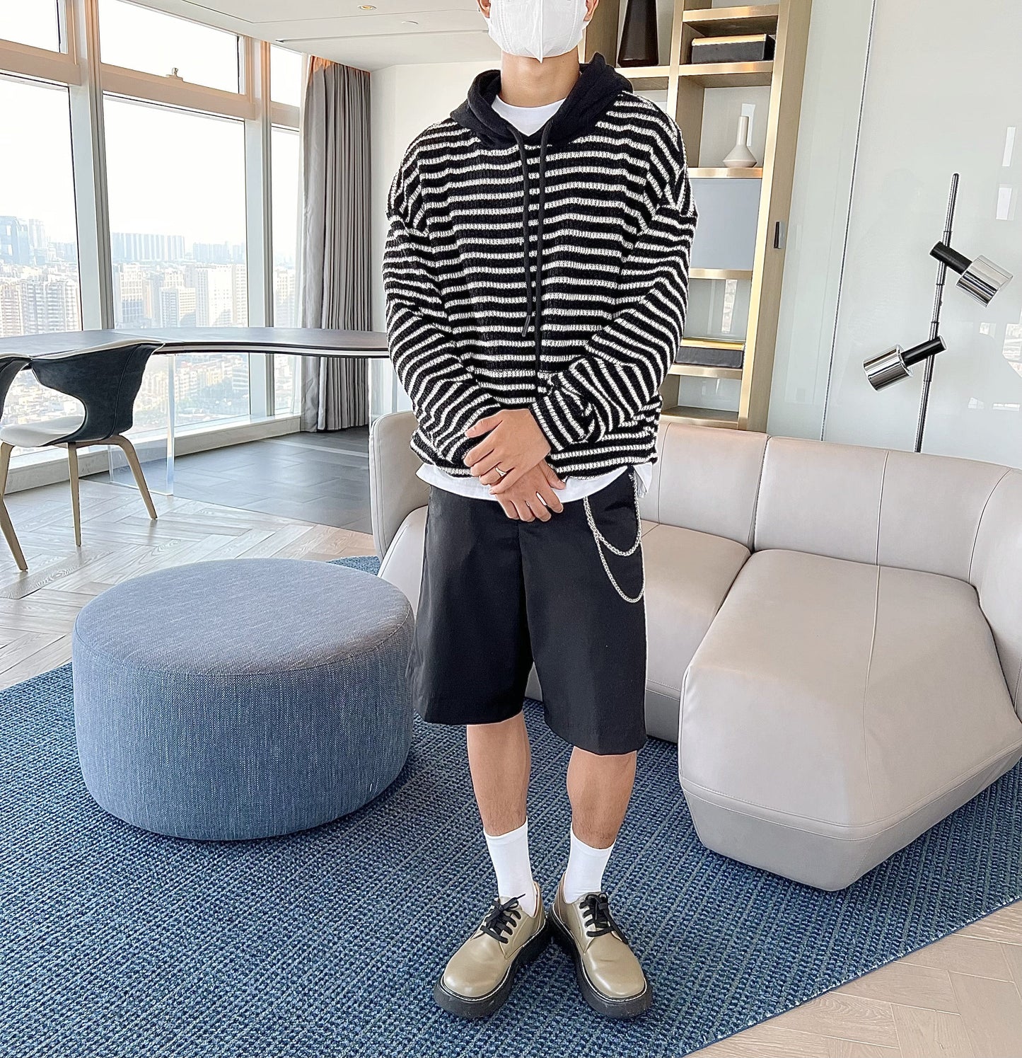 RT No. 5257 KNITTED TWO TONE STRIPED PULLOVER HOODIE