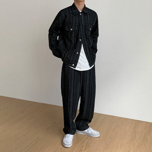 No. 4012 VERTICAL STRIPED BUTTON-UP JK & WIDE PANTS (TOP & BOTTOM)