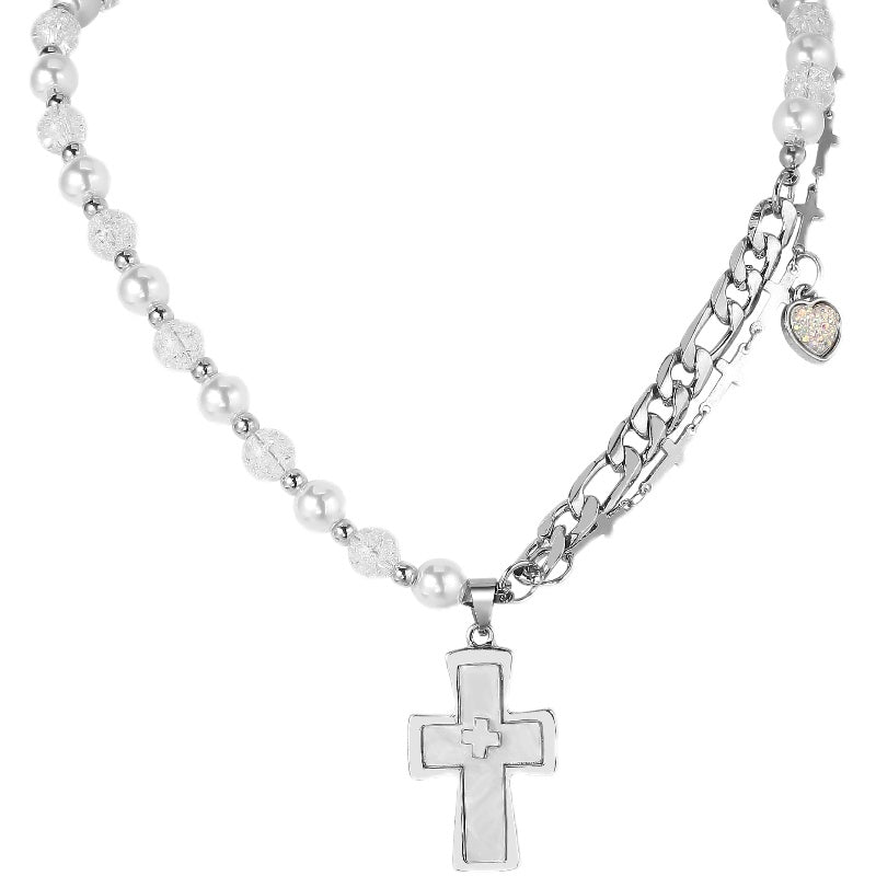 HALF PEARL HALF DOUBLE CHAIN CROSS NECKLACE