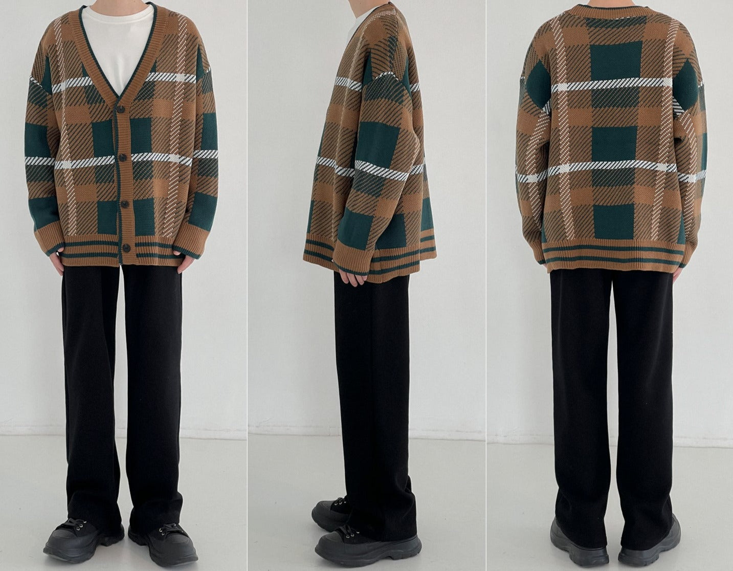 RT No. 5307 KNITTED V-NECK PLAID CARDIGAN