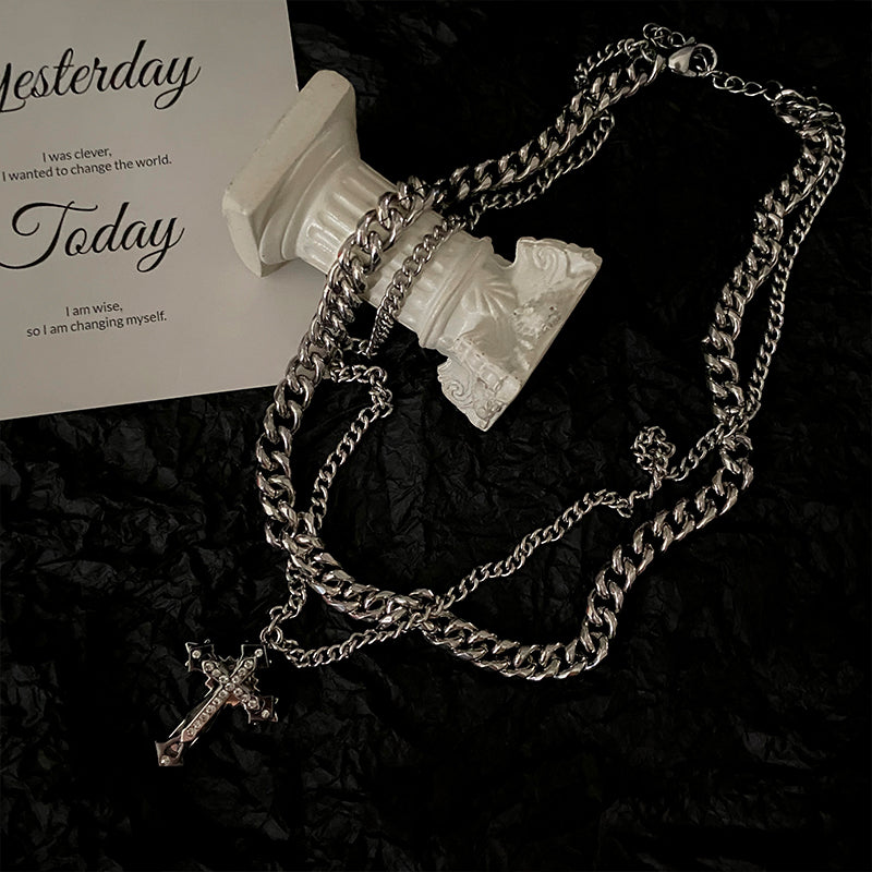 DOUBLE CHAIN CROSS CHAIN NECKLACE