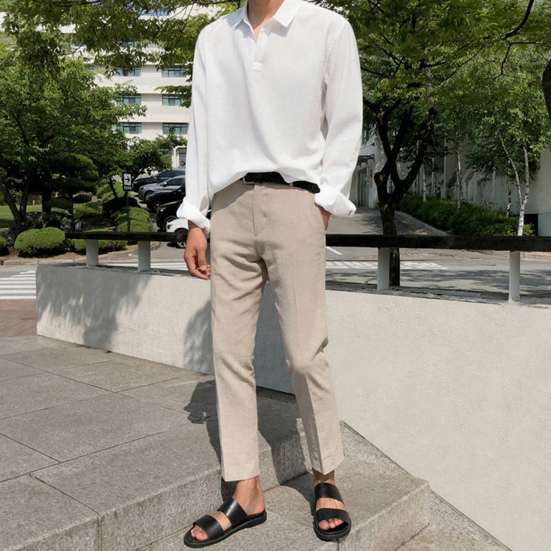 RT No. 4396 KHAKI LINEN STRAIGHT CASUAL PANTS