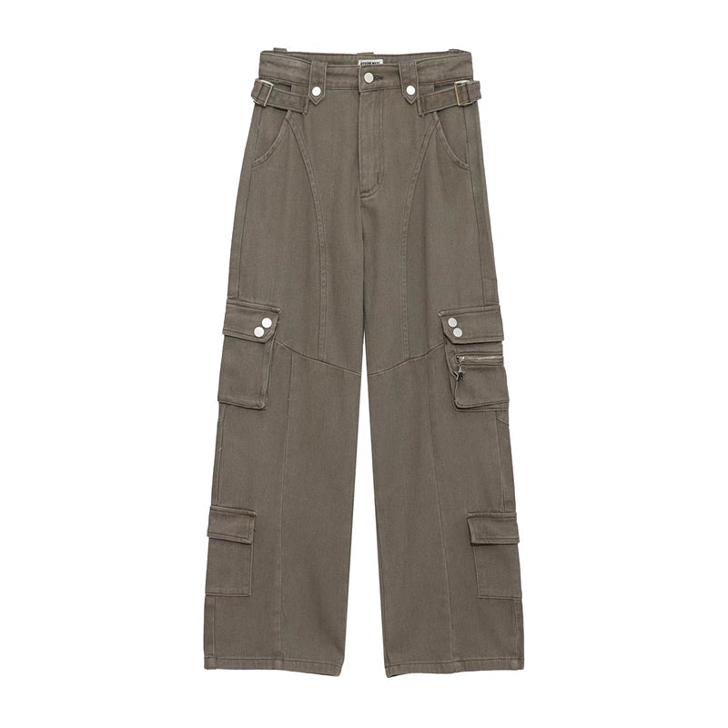 RT No. 5428 CARGO MULTI-POCKET CASUAL STRAIGHT WIDE PANTS