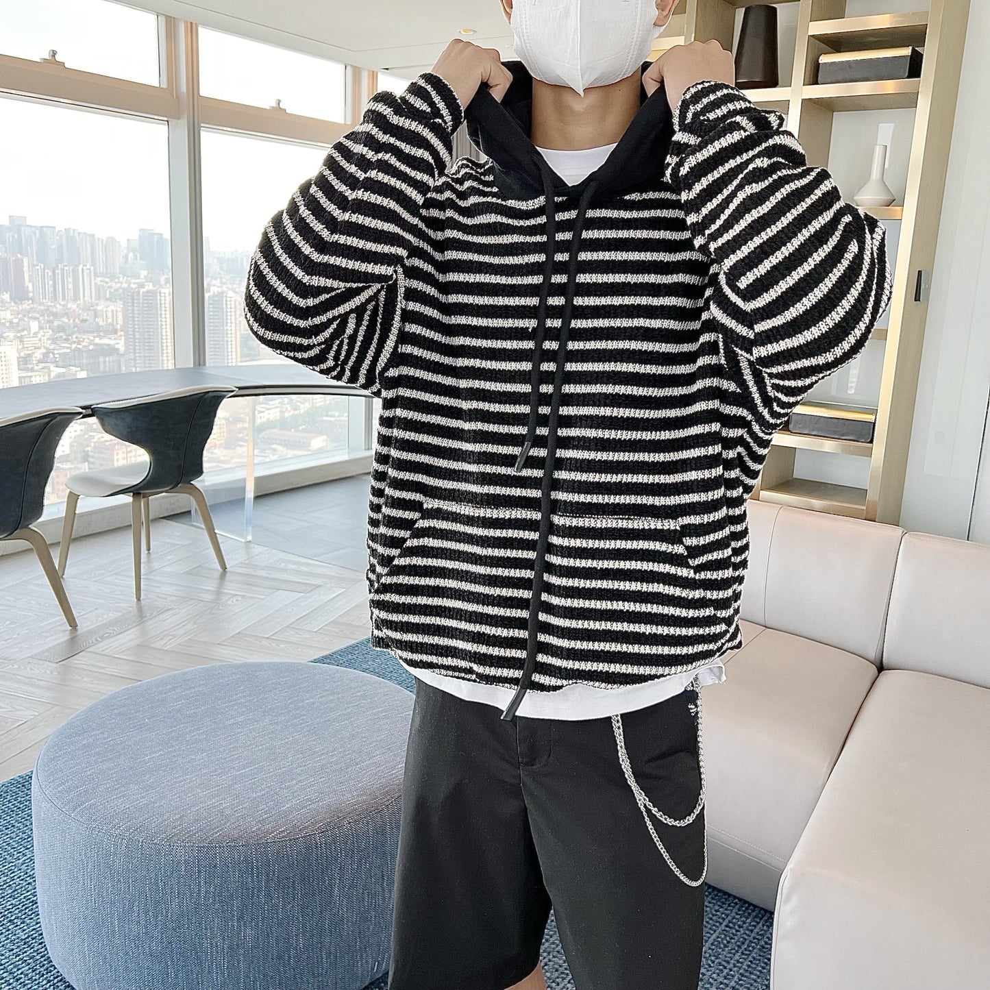 RT No. 5257 KNITTED TWO TONE STRIPED PULLOVER HOODIE