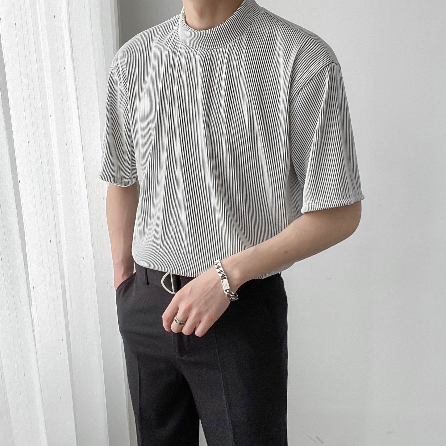 RT No. 4442 PLEATED HALF TURTLENECK SHORT SLEEVE SHIRT