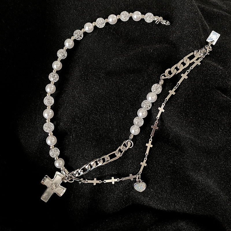 HALF PEARL HALF DOUBLE CHAIN CROSS NECKLACE