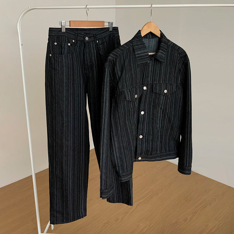 No. 4012 VERTICAL STRIPED BUTTON-UP JK & WIDE PANTS (TOP & BOTTOM)